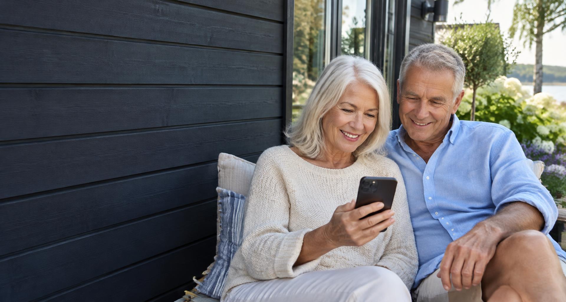 Ett seniorpar tittar tillsammans på sin mobiltelefon